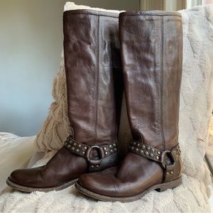 Frye Philip Studded Harness tall Leather riding Boots Sz 6.5 gorgeous dark brown